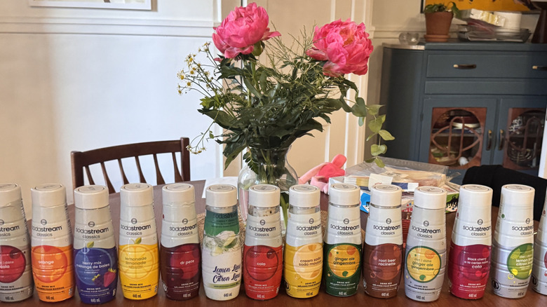 A row of soda stream bottles