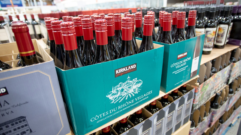 A box of Kirkland Cotes du Rhone Villages wine on display at Costco.
