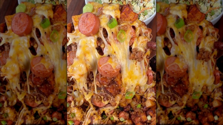 A serving of chili cheese dog skillet