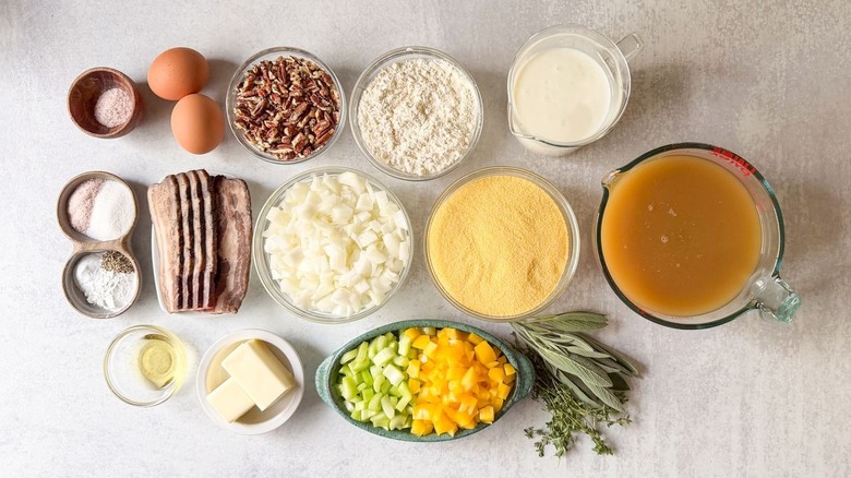 Southern-style homemade cornbread dressing ingredients on countertop