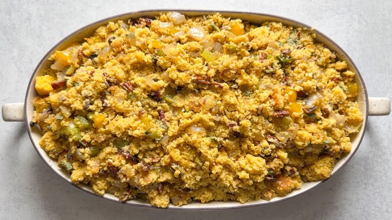 Southern-style homemade cornbread dressing in casserole dish