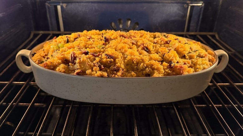 Southern-style homemade cornbread dressing in oven