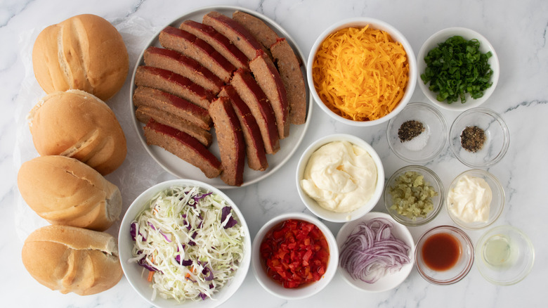 Ingredients for the Southern-style meatloaf sandwich with pimento cheese