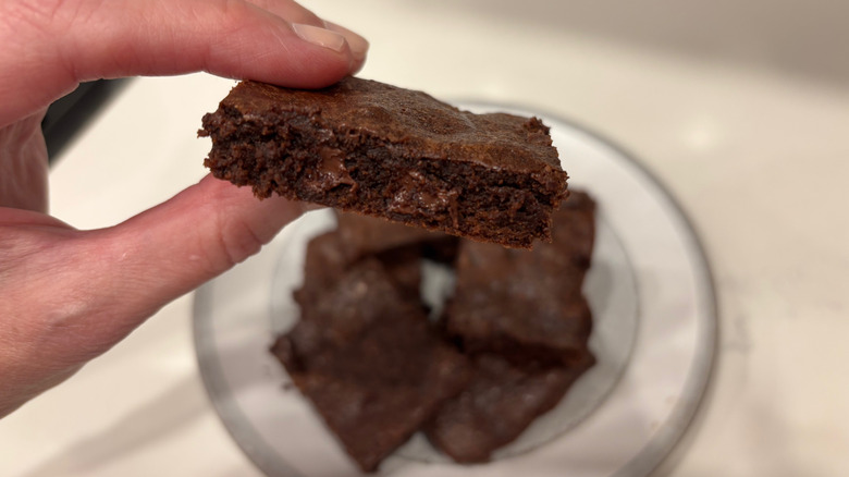 close-up of brownie made with soy saucee