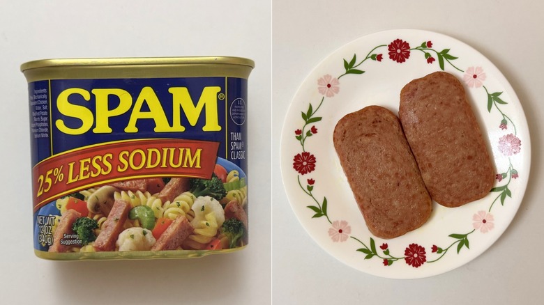 25% Less Sodium Spam packaging beside two cooked slices on plate