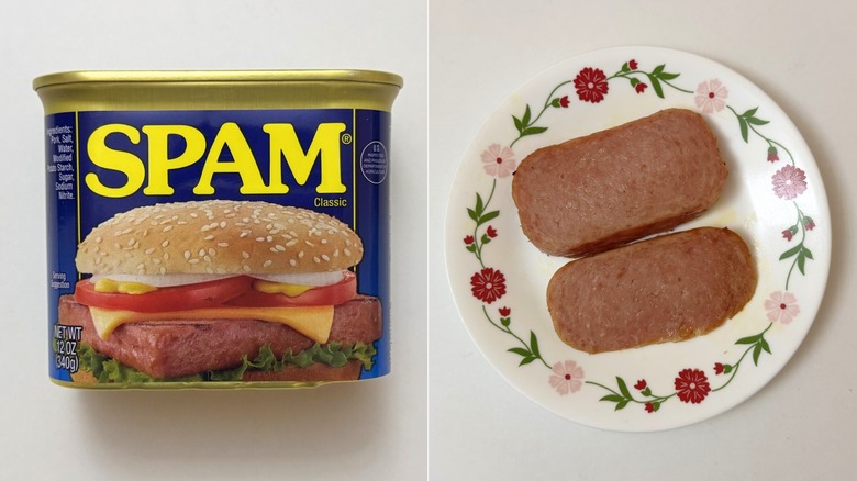 Classic Spam packaging beside two cooked slices on plate