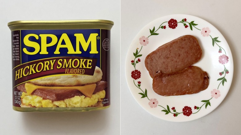Hickory Smoke Spam packaging beside two cooked slices on plate