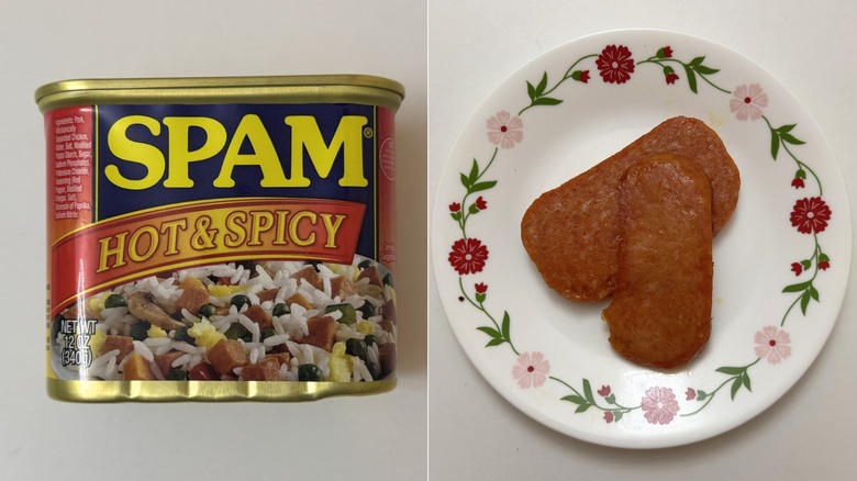 Hot & Spicy Spam packaging beside two cooked slices on plate