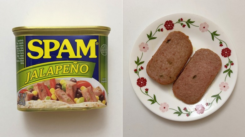 Jalapeño Spam packaging beside two cooked slices on plate