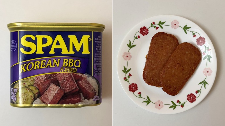 Korean BBQ Spam packaging beside two cooked slices on plate