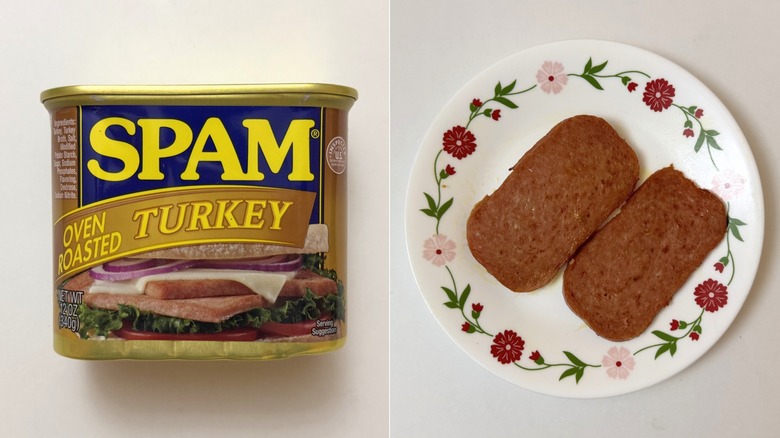 Oven Roasted Turkey Spam packaging beside two cooked slices on plate