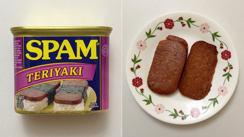 Teriyaki Spam packaging beside two cooked slices on plate