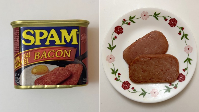 Spam With Real Hormel Bacon packaging beside two cooked slices on plate