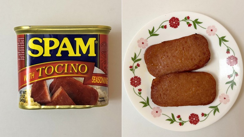 Spam With Tocino packaging beside two cooked slices on plate