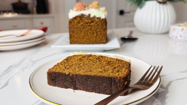 Slice of spiced gingerbread loaf cake