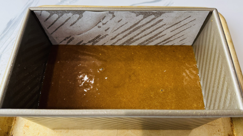 Gingerbread loaf batter in pan