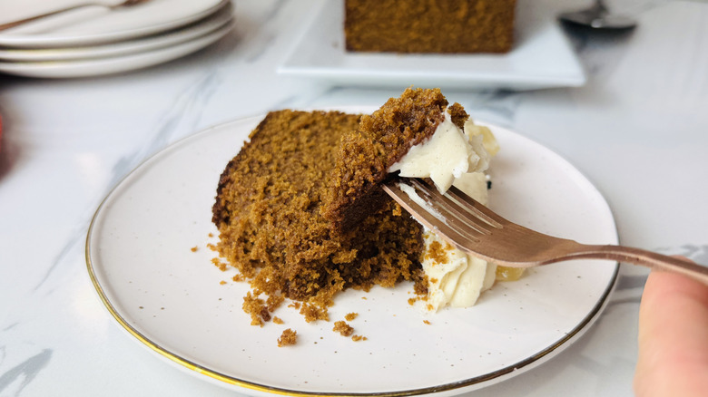 Forkful of spiced gingerbread loaf