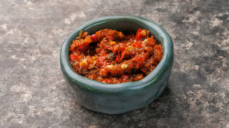 A bowl of harissa, a spicy pepper-based paste