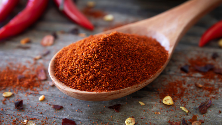 A spoon full of chili seasoning is styled with more powder and whole chilis scattered in the frame.