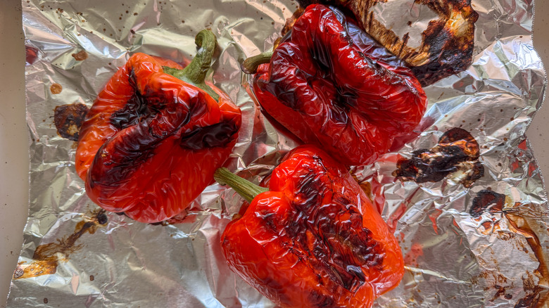 roasted peppers on baking sheet
