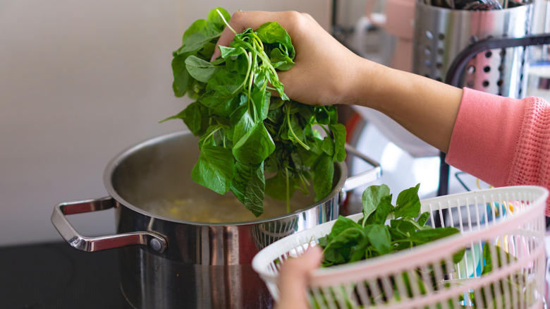 A hand putting spinach into a boiling pot of water