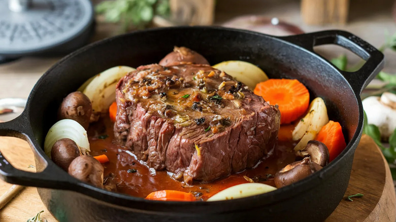 Pot of pot roast with mushrooms