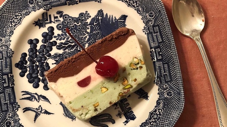 a slice of spumoni dessert