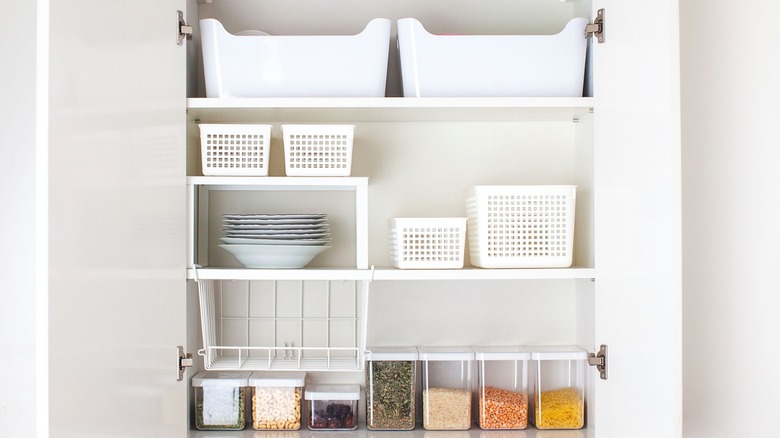 Kitchen cabinet filled with neat and uniform bins.