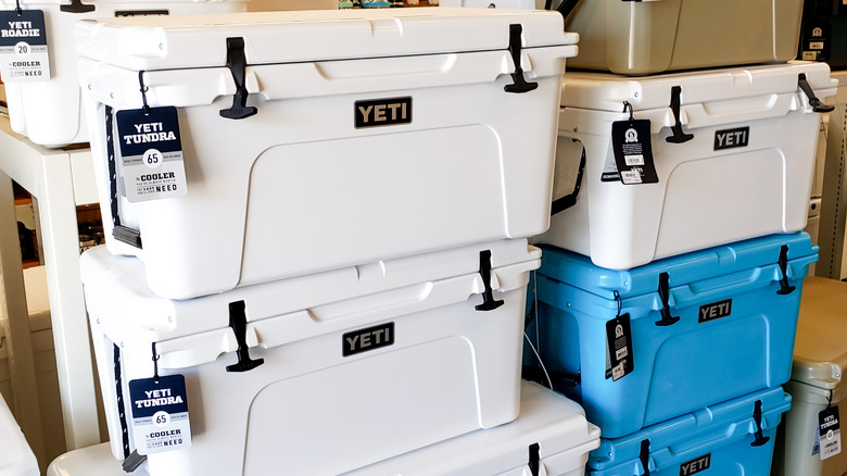 A view of several Yeti ice coolers, on display at a local outdoors retail store.