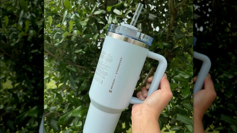 Person holding the new sky blue Starbucks/Stanley cup.