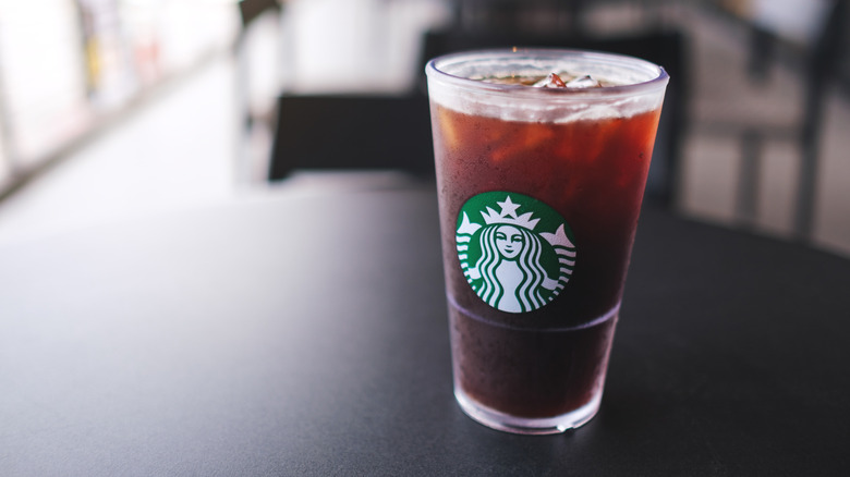 An iced coffee on a table at Starbucks