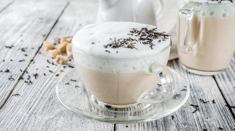 London Fog tea latte in glass mug. 