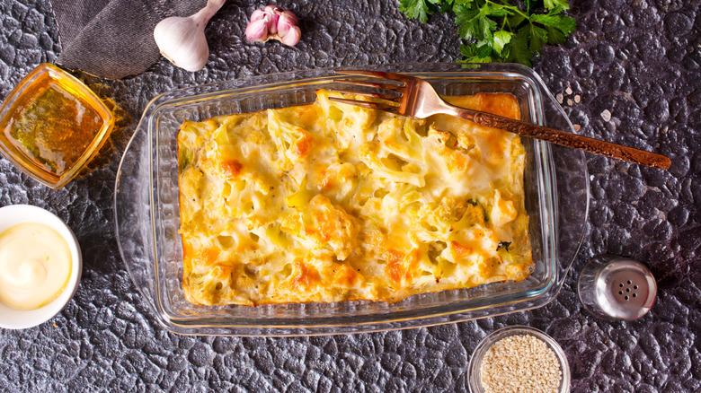 Cauliflower au gratin photographed from above