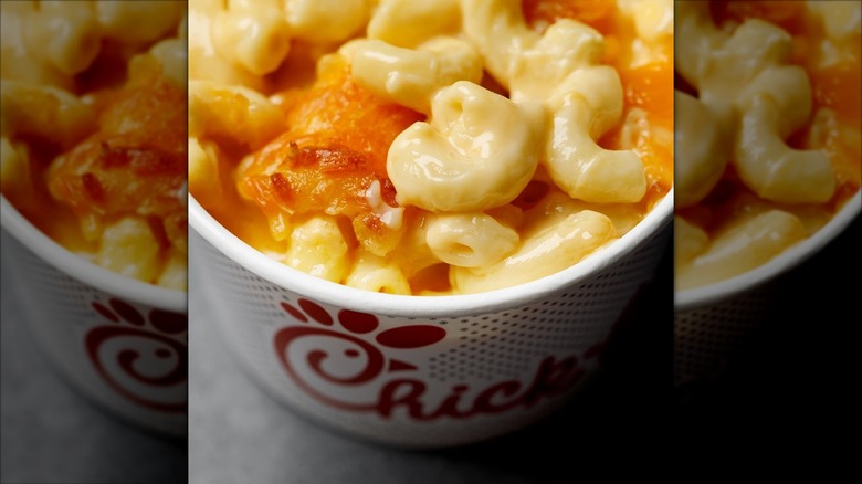 Top-down view of a cup of Chick-fil-A mac and cheese