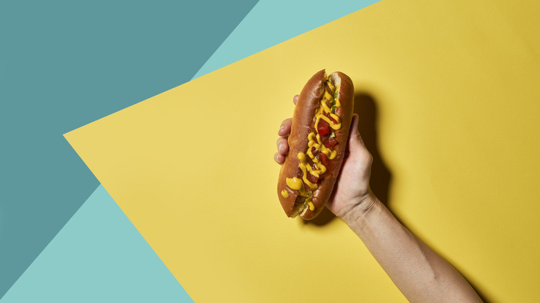 handholding a hot dog against a blue and yellow background