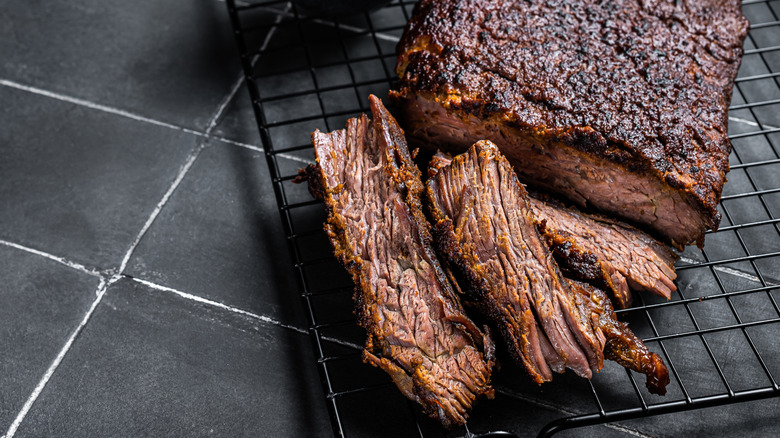 Barbecued brisket on wire rack