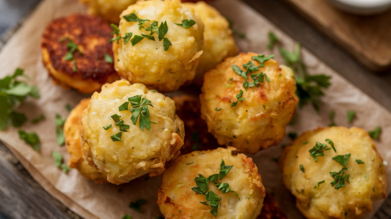 Bite-sized corn nuggets, topped with chopped parsley.