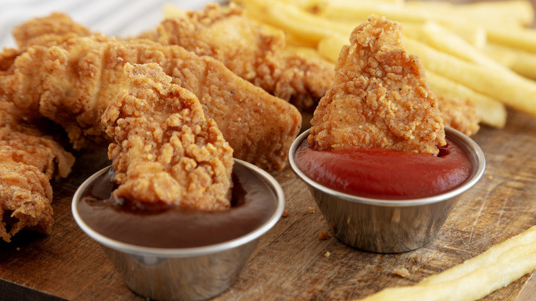 Chicken tenders, fries, and small containers of ketchup and barbecue sauce on a wooden cutting board, with one chicken tender dipped into each sauce.