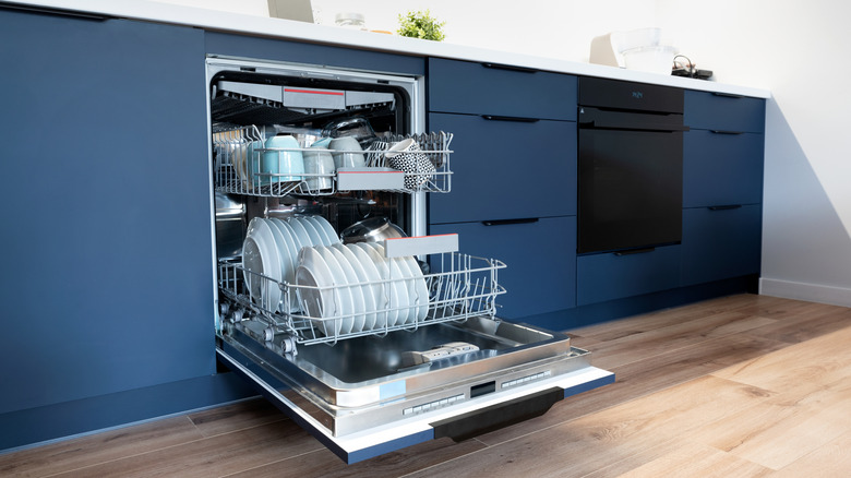 Open dishwasher in a kitchen