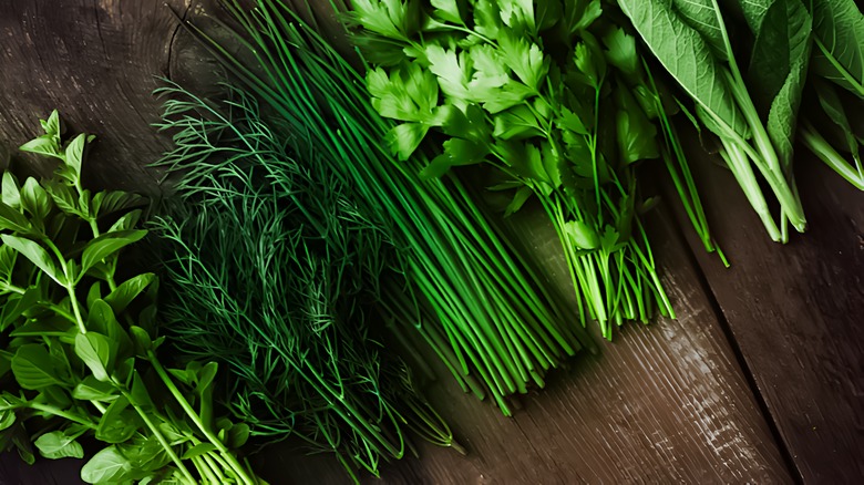 Assortment of fresh herbs on wooden board