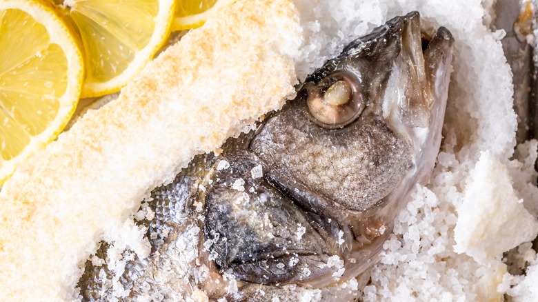 Closeup of salt baked fish