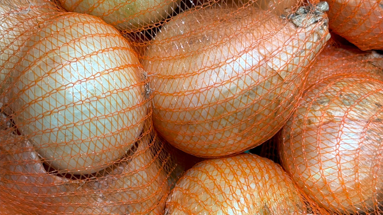 Plastic mesh sack of onions