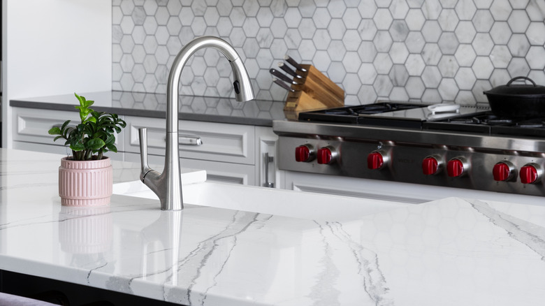 A quartz countertop with a kitche sink and a flower pot next to it.