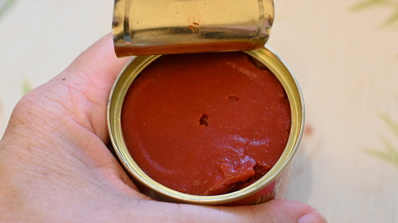 Hand holding an open can of tomato paste