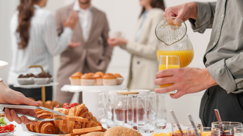 A breakfast buffet in an office building