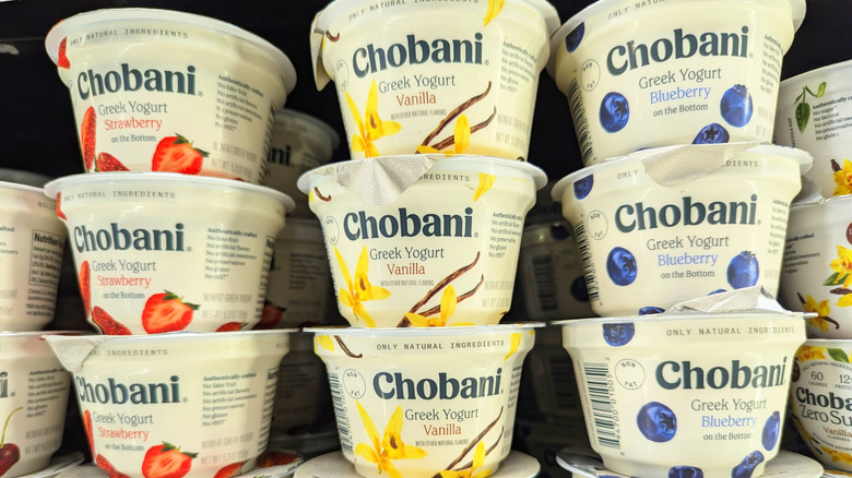 Stacks of Chobani yogurt cups