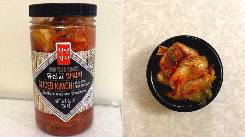 A small black dish of kimchi beside a 1000 Year Kimchi Sliced Kimchi jar