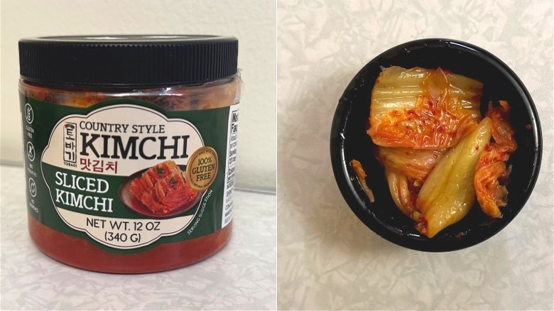 A small black dish of kimchi beside Tobagi Country Style Sliced Kimchi jar