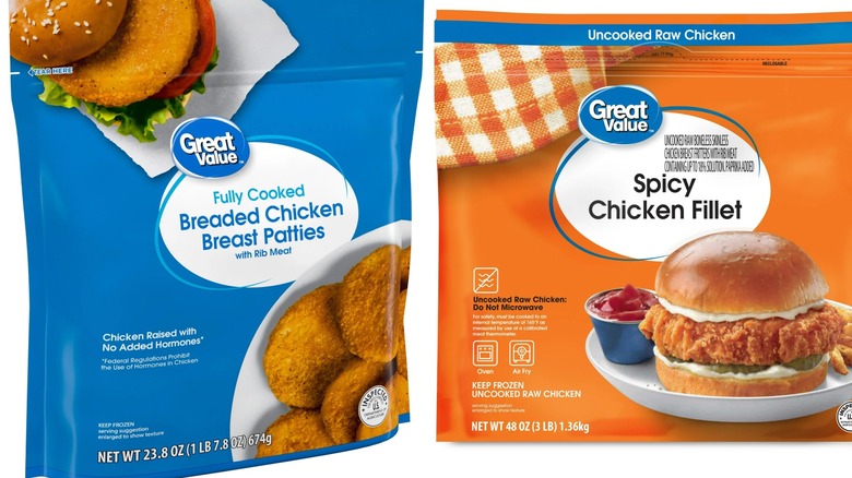 Side by side photos of of breaded chicken patties and spicy chicken patties