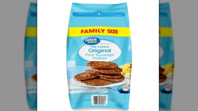 A blue bag of frozen sausage patties